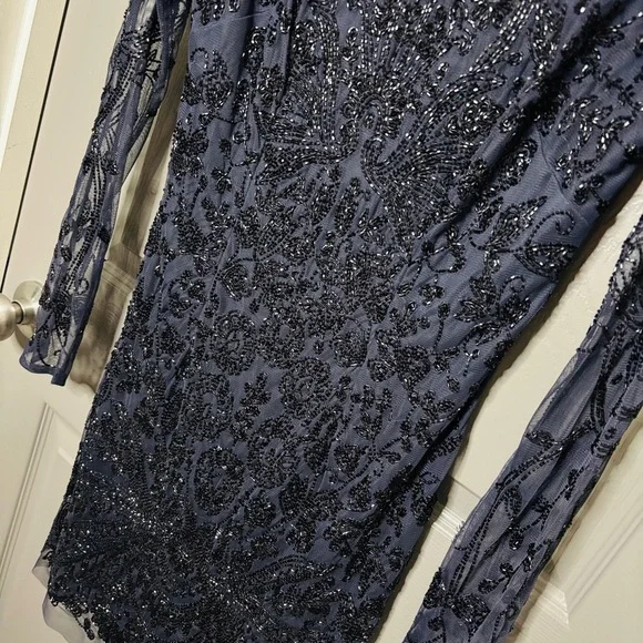 🥂 Aidan Mattox New Beaded Organza Formal Dress Navy Blue Size 6 - Picture 4 of 14
